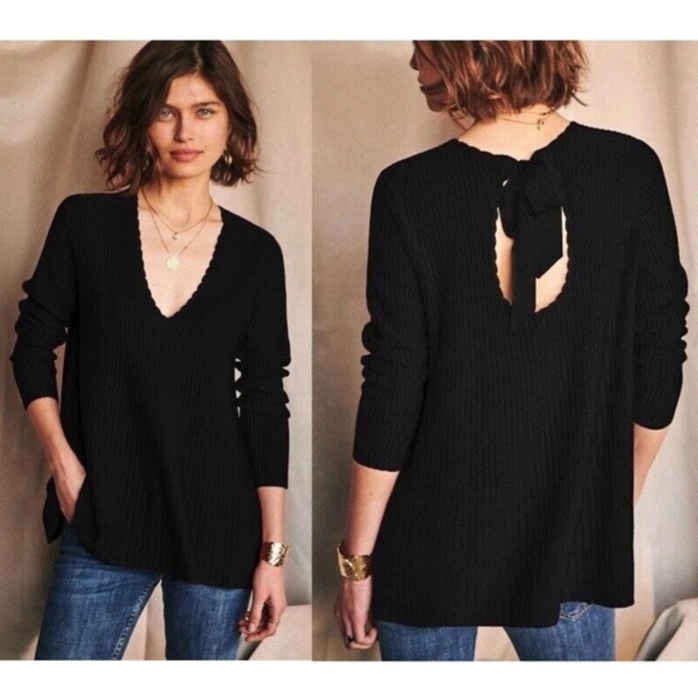 Sezane Ernestine Tie Back V-Neck Ribbed Viscose Sweater Black S